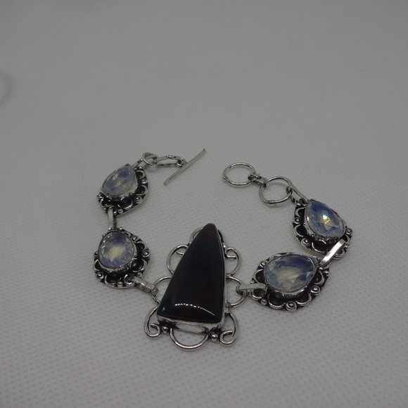 Stunning "BLOODSTONE AGATE & OPALITE" Handmade Sterling Bracelet 7" #357 - Picture 2 of 3